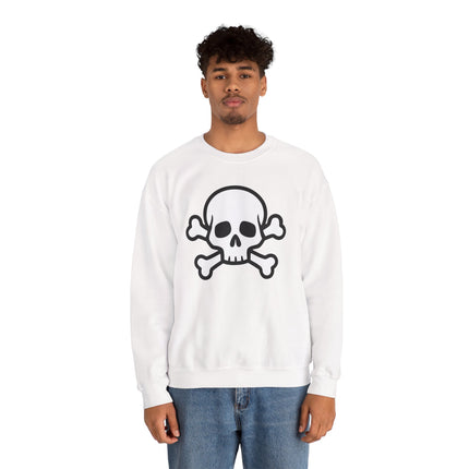Black skull and crossbones graphic on a white unisex pullover sweatshirt.