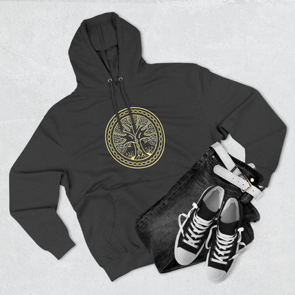 Yggdrasil World Tree graphic on black Norse mythology hoodie.