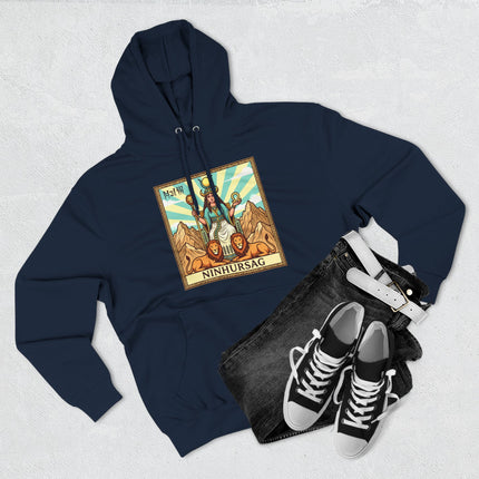 Ninhursag Sumerian Goddess hoodie graphic featuring Mesopotamian mythology and lions.