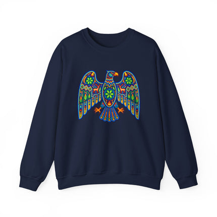 Vibrant Mexican Huichol tribal art eagle graphic on a navy unisex pullover sweatshirt.