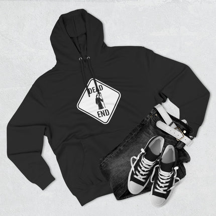 Black hoodie featuring a "Dead End" sign and Grim Reaper graphic. Gothic streetwear apparel.