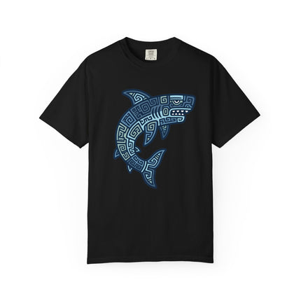 Mayan Tribal Shark T-Shirt | Blue Geometric Design Ocean Tee | Comfort Colors