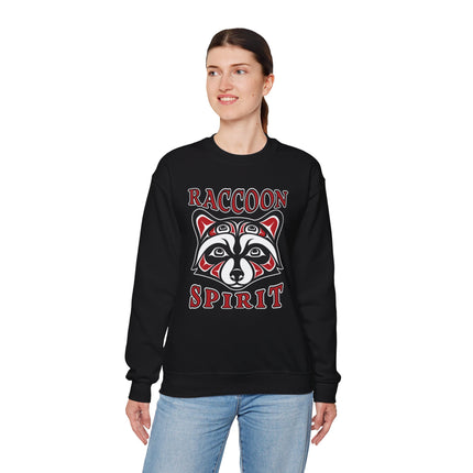 Tribal raccoon spirit graphic on black sweatshirt, featuring formline art style and "Raccoon Spirit" text.