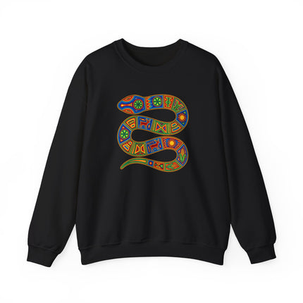 Indigenous Huichol snake art sweatshirt featuring vibrant geometric serpent patterns.