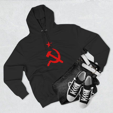Red hammer and sickle and star graphic on a black communist socialist hoodie.