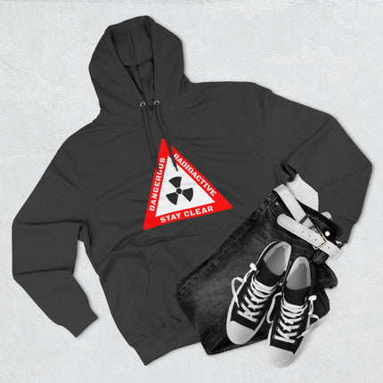 Black graphic hoodie featuring a red radioactive hazard warning sign and symbol.