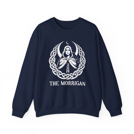 Morrigan Celtic Goddess graphic with moon and knotwork design on a sweatshirt.