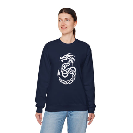 Celtic dragon knotwork graphic on a navy pullover sweatshirt.