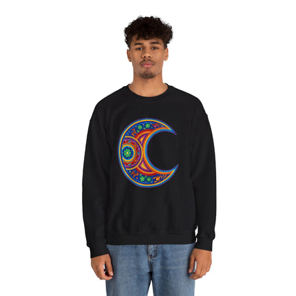 Vibrant Huichol-style mandala crescent moon graphic on a black pullover sweatshirt.
