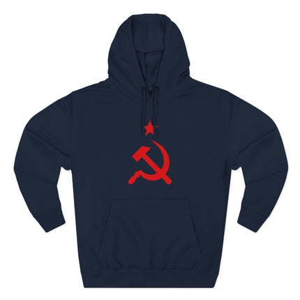 Red hammer and sickle and star graphic on a dark blue communist hoodie.