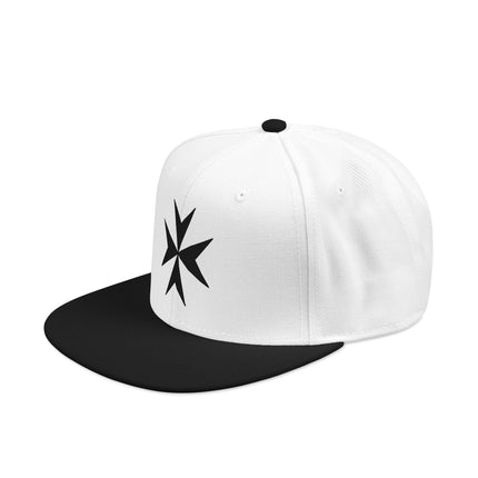White snapback cap featuring a black embroidered Maltese Cross symbol.