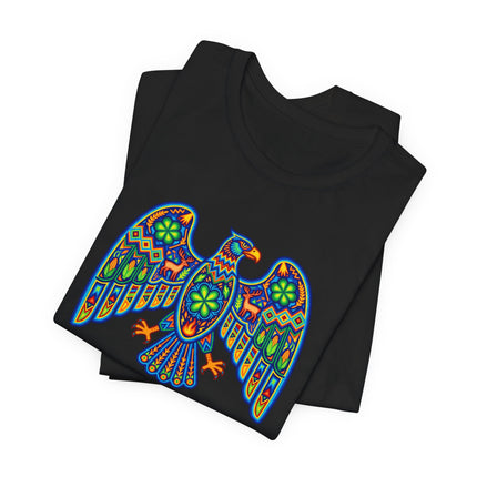 Vibrant Huichol eagle graphic tee featuring colorful Mexican indigenous folk art design.