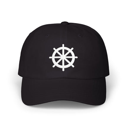 Black baseball cap embroidered with a white Dharma Wheel symbol.