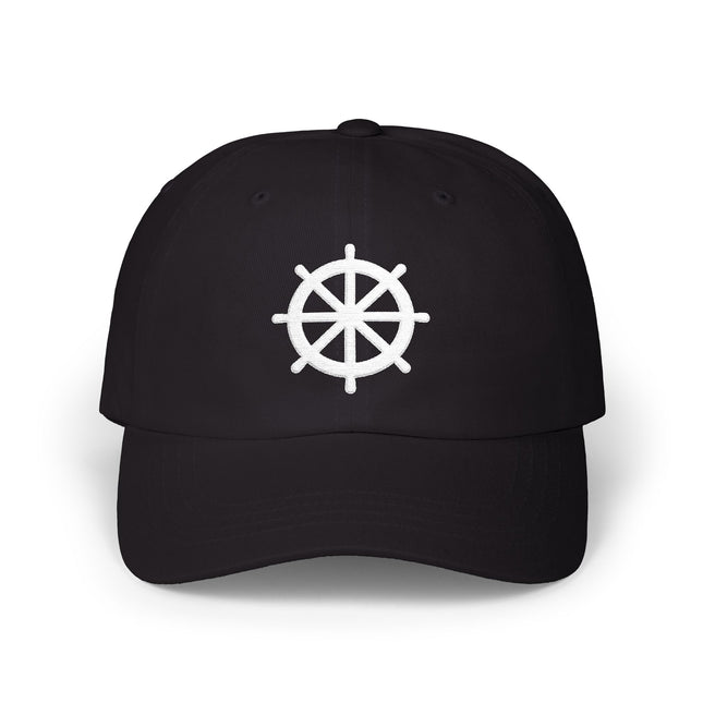 Black baseball cap embroidered with a white Dharma Wheel symbol.