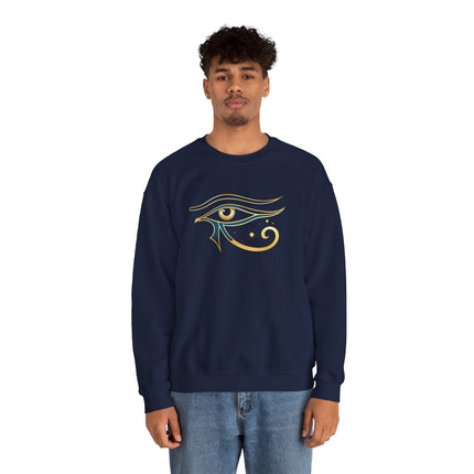 Gold Eye of Horus symbol graphic on a navy blue sweatshirt, featuring ancient Egyptian mythology.