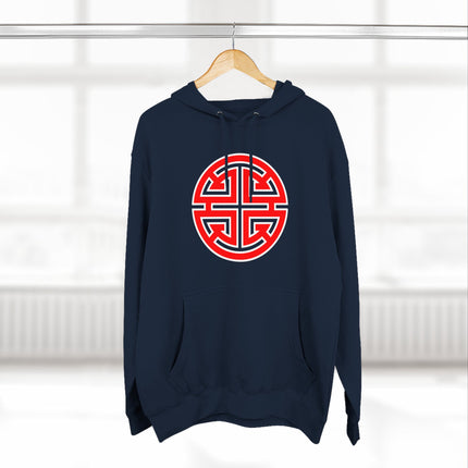 Navy blue hoodie featuring a red Chinese Lu symbol for prosperity and good fortune.
