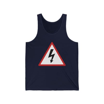 Caution sign tank top with a red high voltage lightning bolt warning symbol.