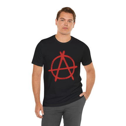 Red graffiti anarchy symbol on a black punk grunge t-shirt.