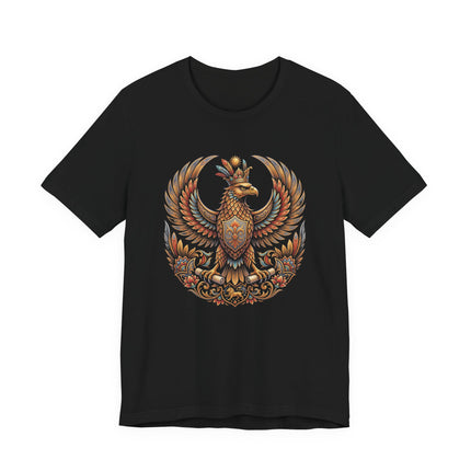 Persian mythology crowned eagle emblem graphic on a black t-shirt.
