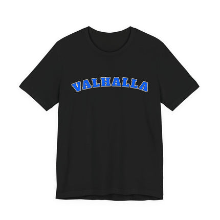 Black t-shirt with "VALHALLA" in bold blue text. Norse mythology graphic tee for Vikings.