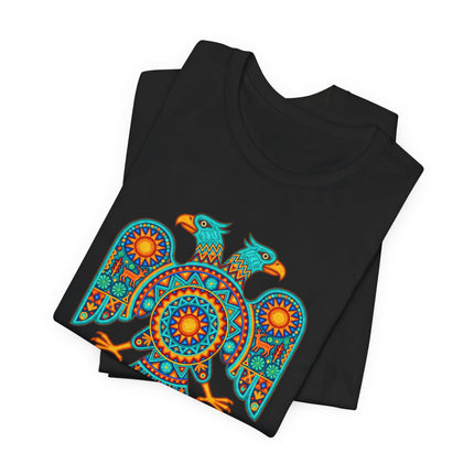 Double-headed eagle Huichol art graphic tee featuring vibrant Mexican folk patterns.