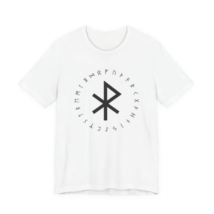 Norse rune t-shirt featuring a protective bind symbol and surrounding Viking runes.