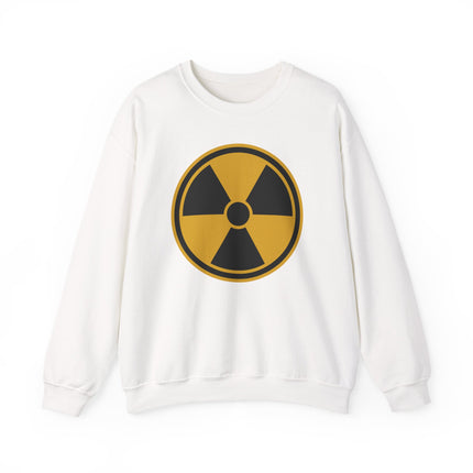 White sweatshirt featuring a yellow radiation hazard symbol graphic.