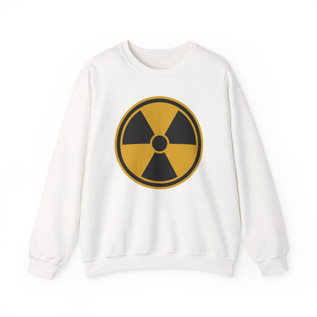 White sweatshirt featuring a yellow radiation hazard symbol graphic.