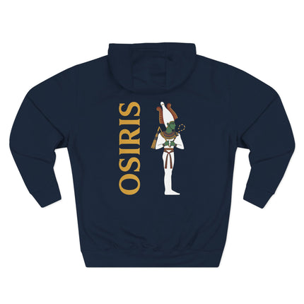 Osiris Egyptian god artwork and name on a dark hoodie, featuring ancient mythology design.