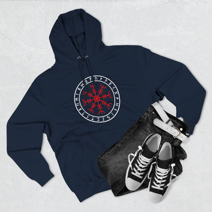 Norse Aegishjalmur rune circle graphic on a dark blue Viking pullover hoodie.