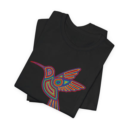 Vibrant Huichol hummingbird graphic tee featuring Mexican folk art and colorful geometric patterns.