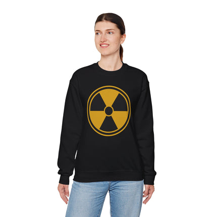 Black pullover featuring a yellow radioactive hazard symbol graphic.