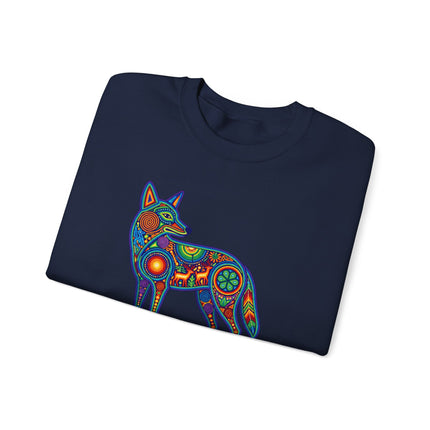 Huichol coyote symbol design on vibrant Mexican folk art sweatshirt.