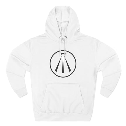Celtic Awen symbol graphic on a white unisex pullover hoodie.