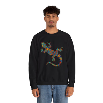 Tribal lizard art sweatshirt featuring colorful Huichol geometric design.