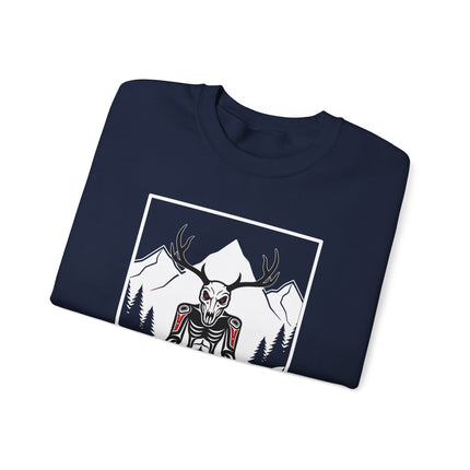 Wendigo skull antler forest mountain graphic on black pullover sweatshirt.