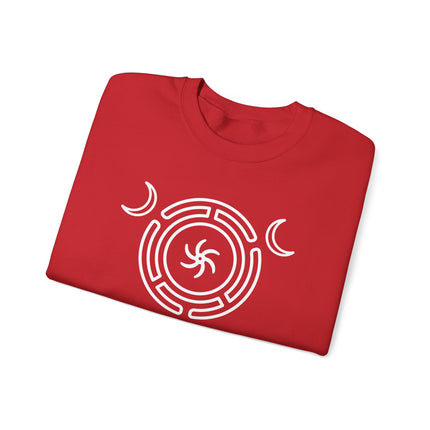 Pagan sweatshirt featuring Hecate's Wheel and Triple Goddess Moon symbol design.