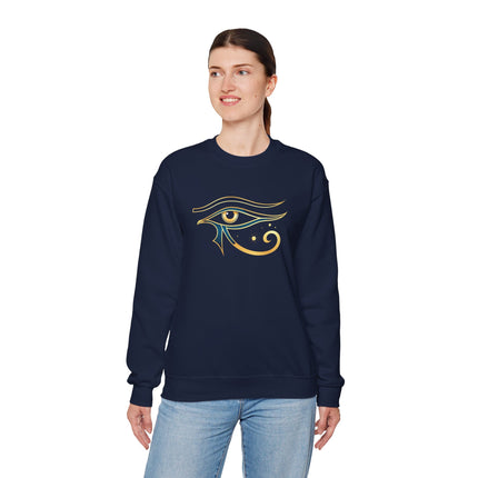 Gold Eye of Horus symbol graphic on a navy blue ancient Egyptian sweatshirt.