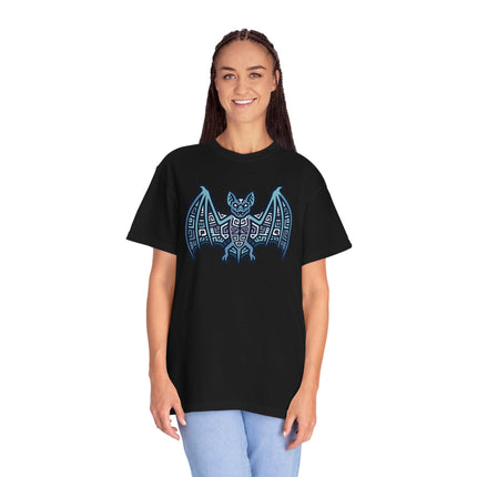 Mayan Bat Symbol T-Shirt | Tribal Geometric Blue & Indigo Graphic Tee