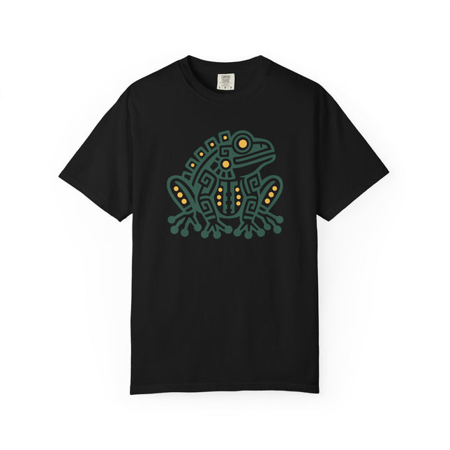 Aztec Frog T-Shirt | Green Geometric Amphibian with Gold Accents Tee