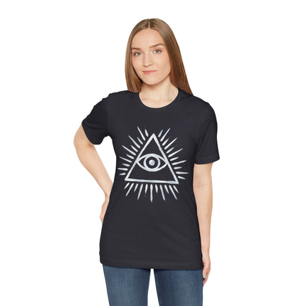 Black t-shirt with white All-Seeing Eye of Providence triangle graphic.