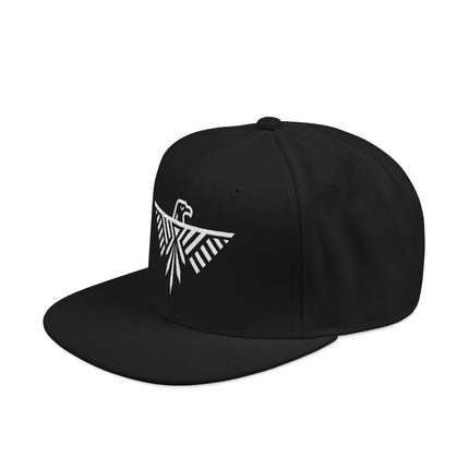 Thunderbird geometric embroidery on a black snapback hat.