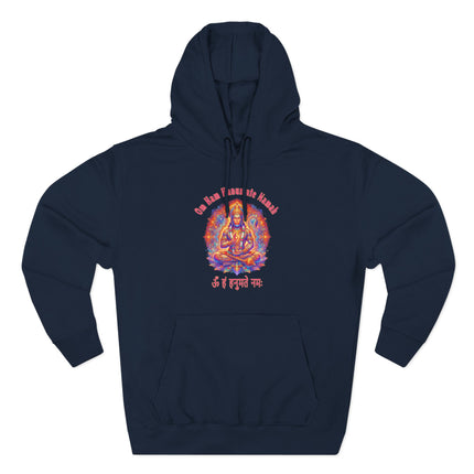 Spiritual Hanuman mantra hoodie featuring Om Ham Hanumate Namah Hindu art and Devanagari script.