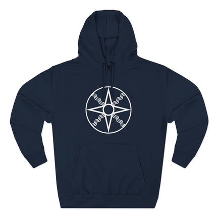 Mesopotamian Shamash sun symbol graphic on a navy pullover hoodie. Ancient solar deity design.