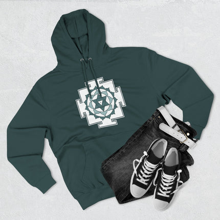 Sacred geometry Yantra symbol on a dark green spiritual hoodie.