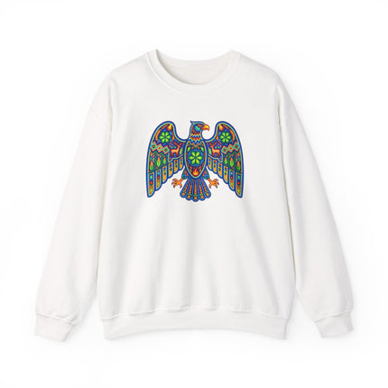 Colorful Huichol eagle tribal art print on a unisex Mexican folk style pullover sweatshirt.