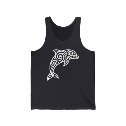 Celtic tribal dolphin graphic on a black tank top. Stylized marine life art featuring knotwork.