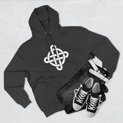 Black pullover hoodie featuring a white intricate Celtic knot cross symbol.