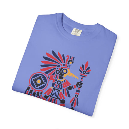 Aztec Hummingbird Warrior T-Shirt | Feathered Figure and Shield Art Tee