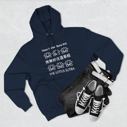 Buddhist mantra hoodie featuring Namu Myoho Renge Kyo, lotus flowers, and Japanese Kanji art.